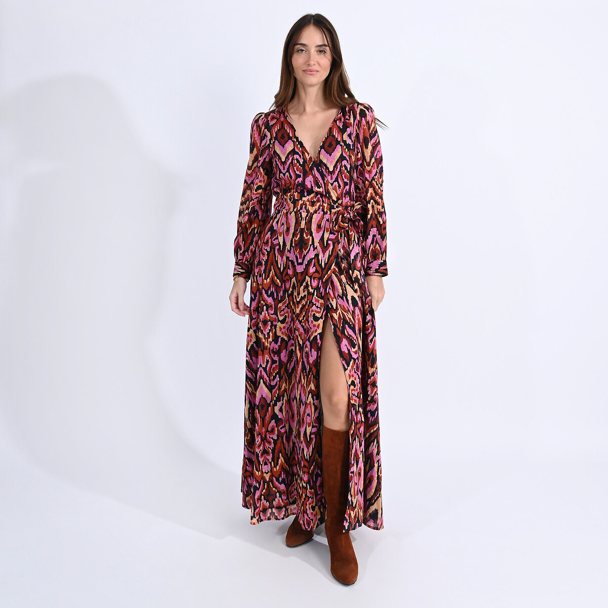 Printed Maxi Shift Dress in Cotton with Long Sleeves