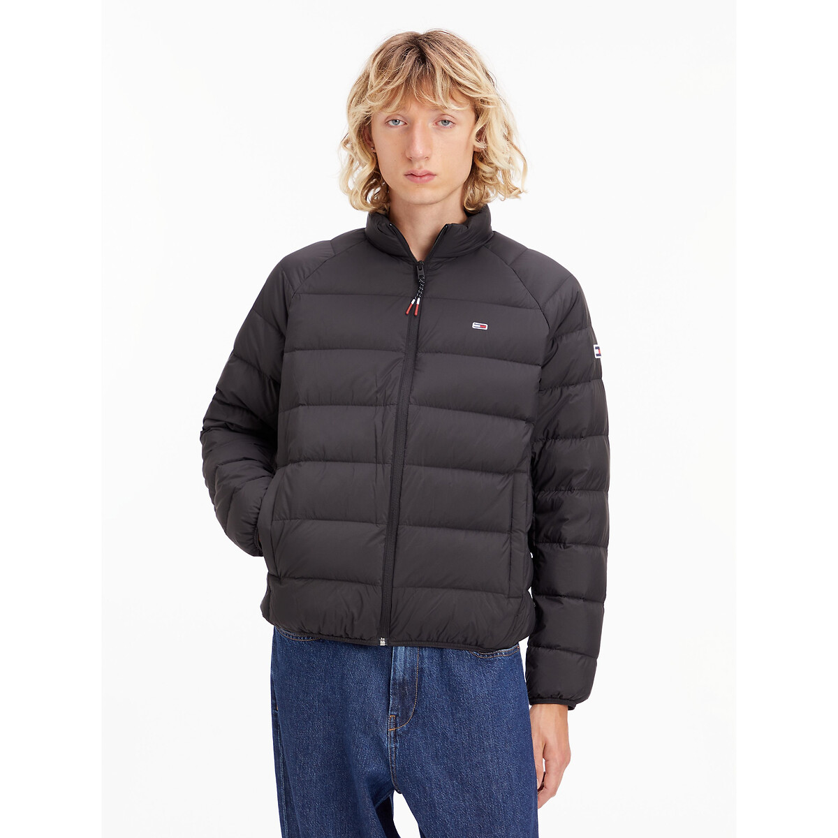Image of Short Mid-Season Padded Jacket with Embroidered Logo and High Neck