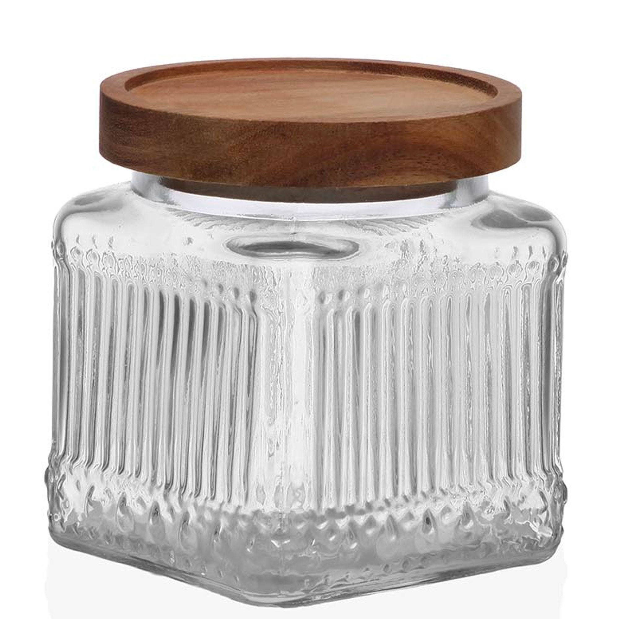 Bocal cuisine carré en verre strié bouchon acacia 520ml, VERSA