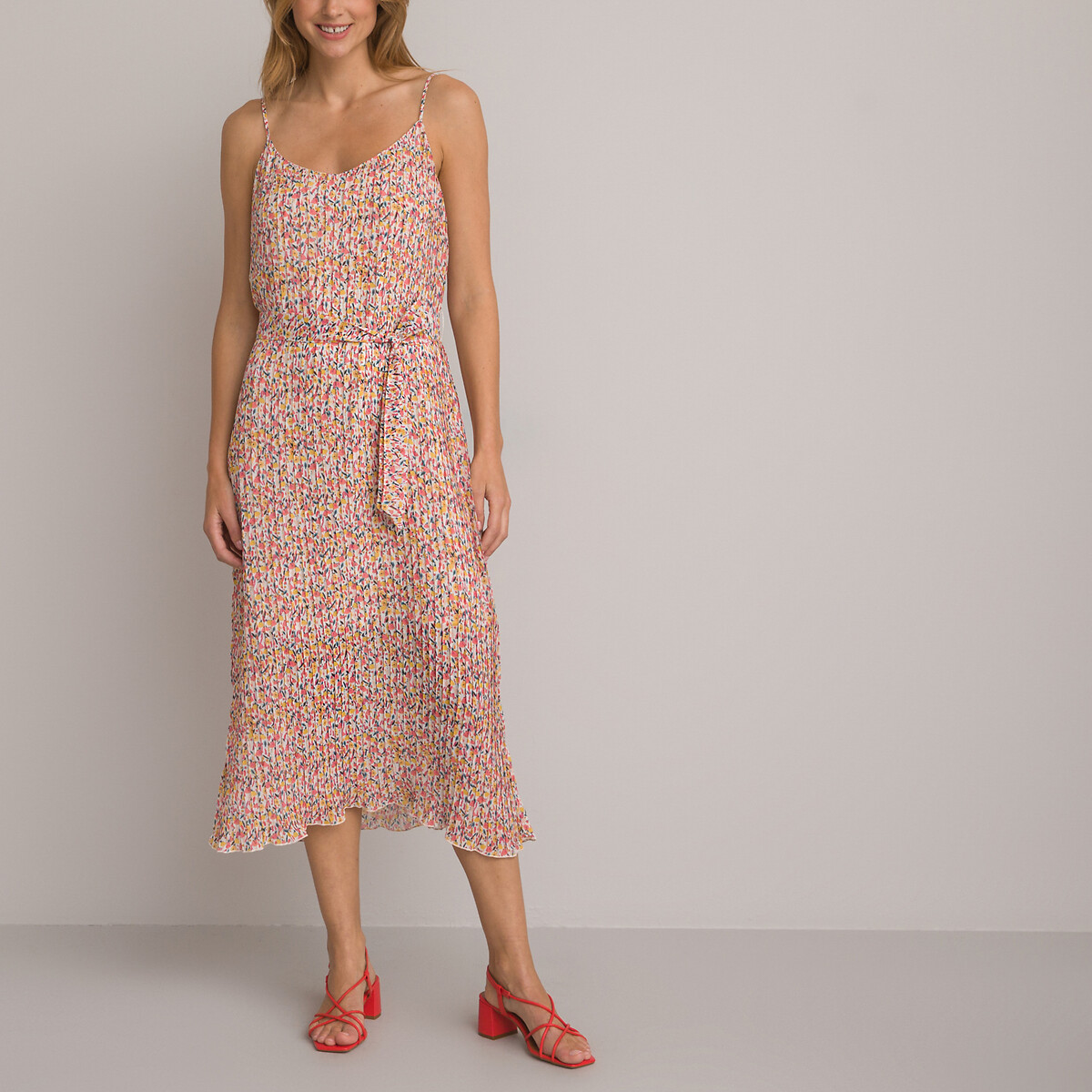 Floral Print Pleated Dress with Shoestring Straps