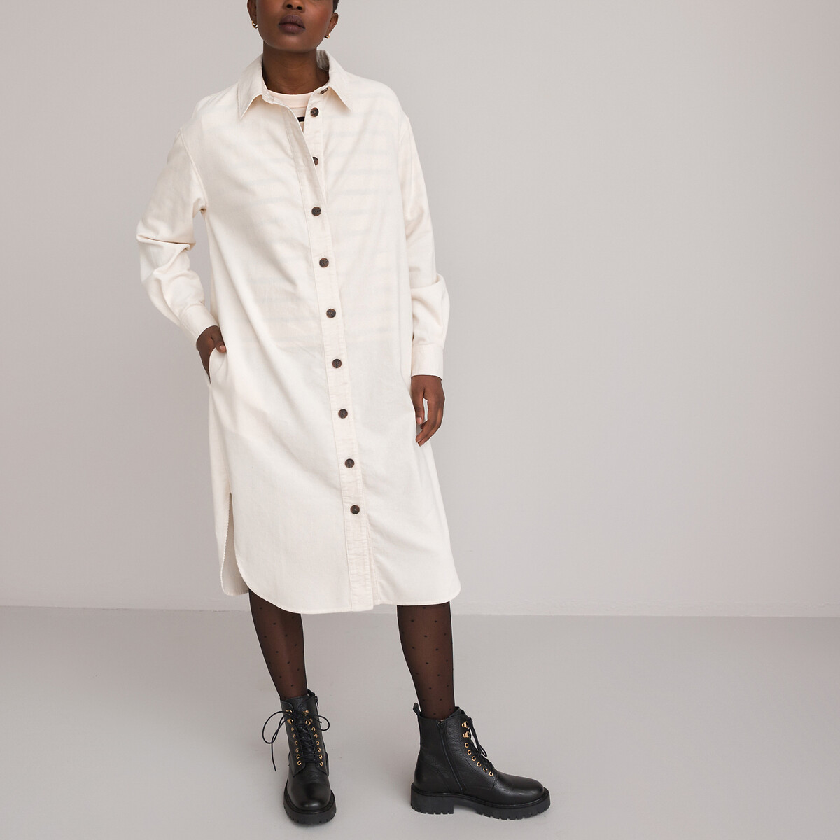 Cotton Midi Shirt Dress in Corduroy with Long Sleeves