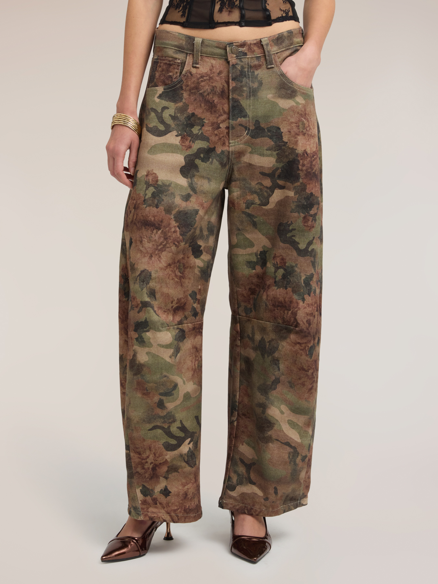 Pantalon coupe barrel à motif floral, MOTIVI