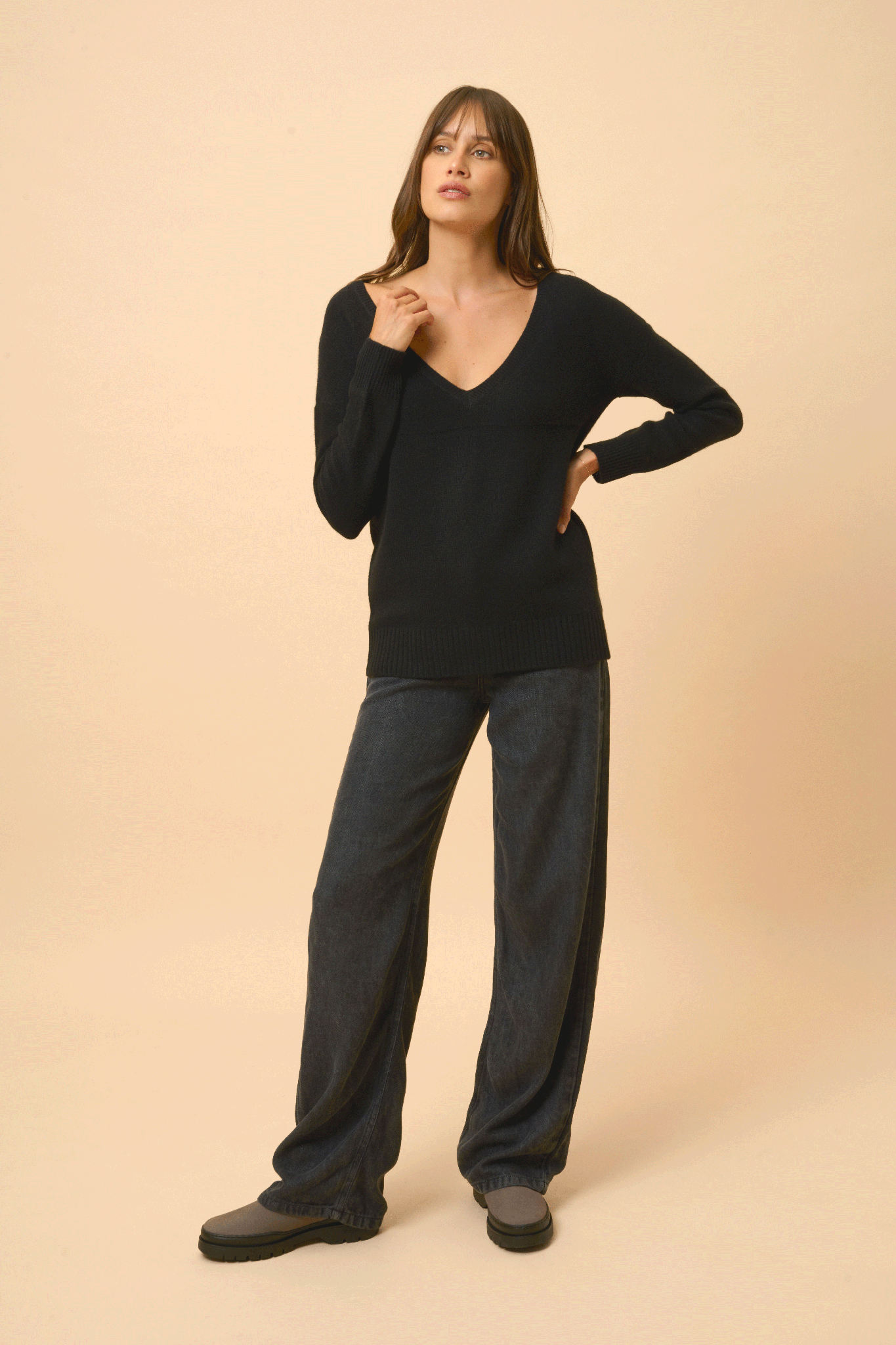 Pull Col V 4 Fils Noir Cassie, JUST CASHMERE