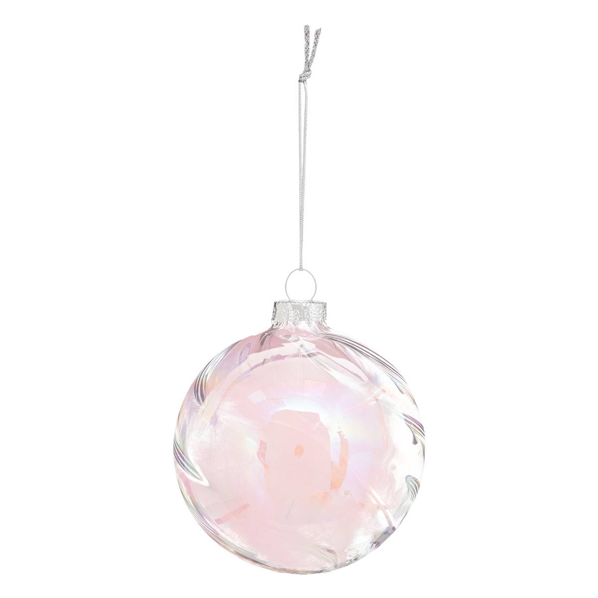 Boule de Noël Verre 100 mm Intérieur Plume Rose, FEERIC LIGHTS & CHRISTMAS