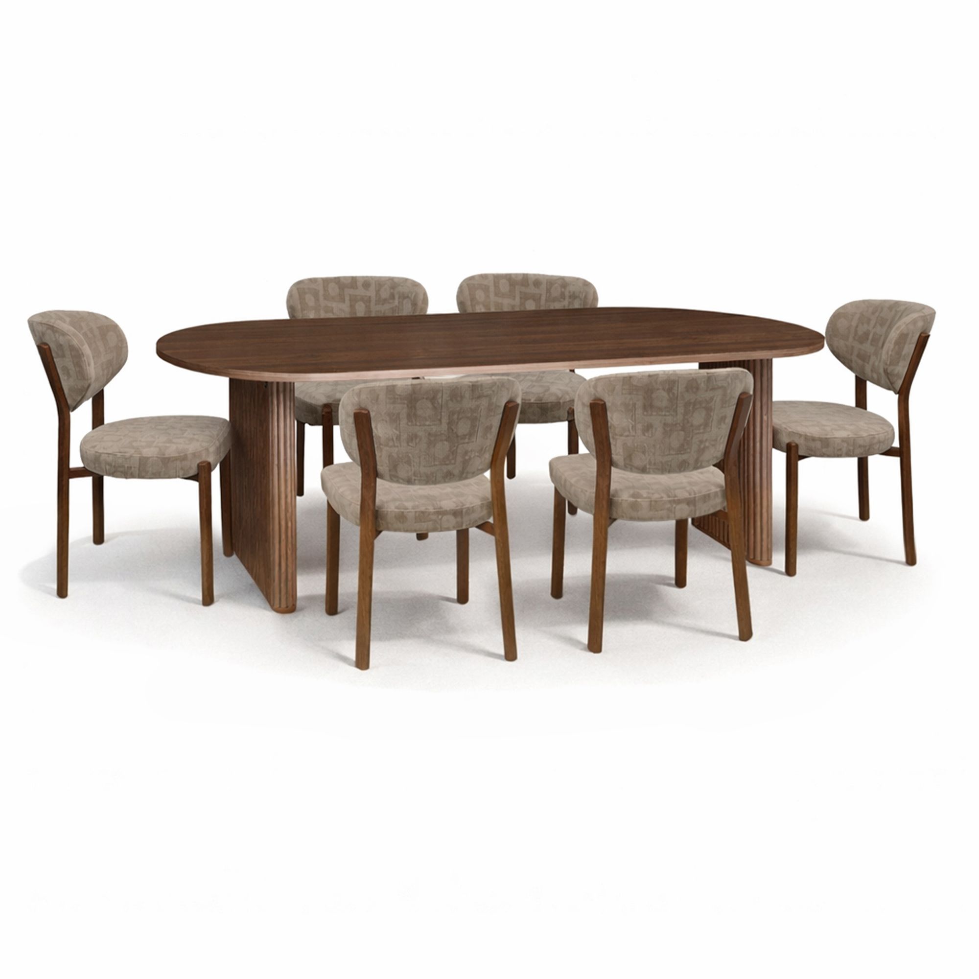 Table ovale 230cm effet noyer et 6 fauteuils en tissu, NOW'S HOME