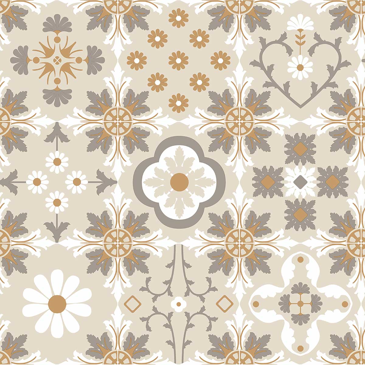 Papier peint carreaux vintage motifs floraux  beige, HEXOA