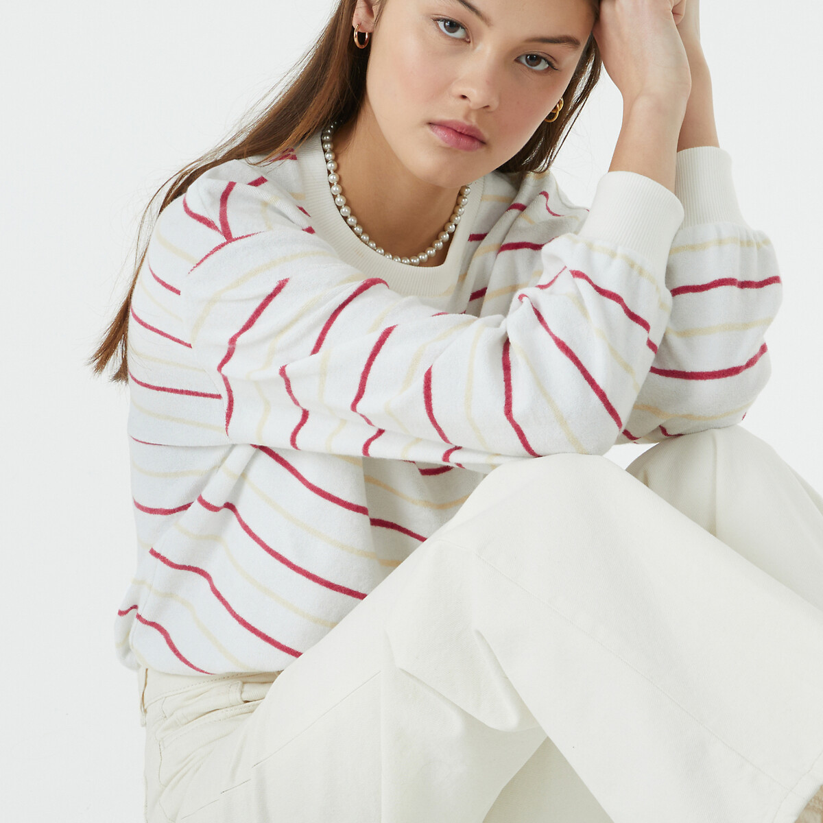 Striped Towelling Sweatshirt in Cotton Mix