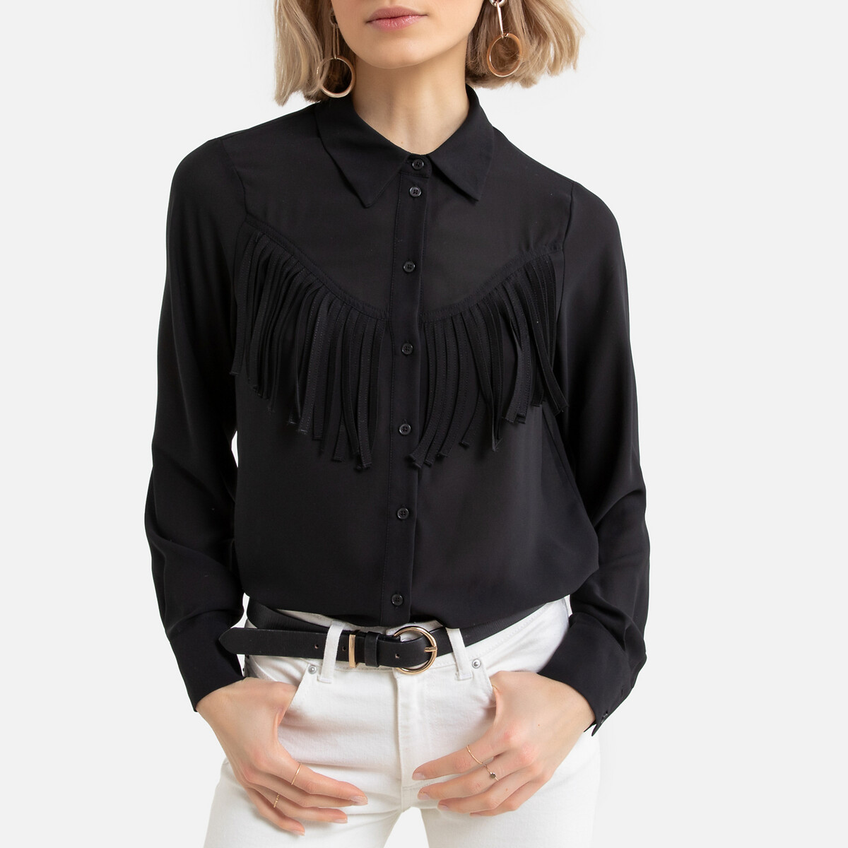 fit cowboy blouse with fringe details black Moda | La Redoute