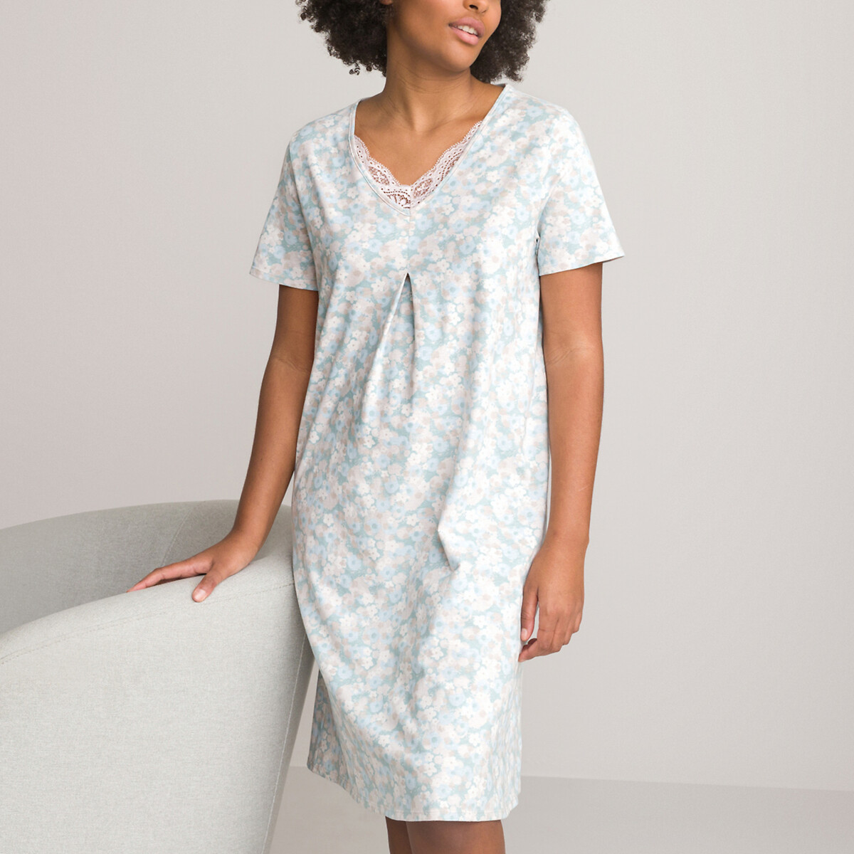 Image of Floral Print Cotton Nightdress with Lace Detail