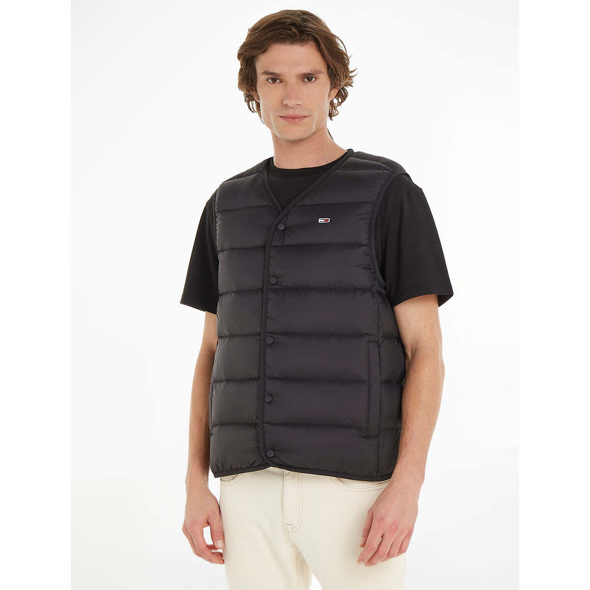 Image of Short Mid-Season Padded Gilet with Embroidered Logo