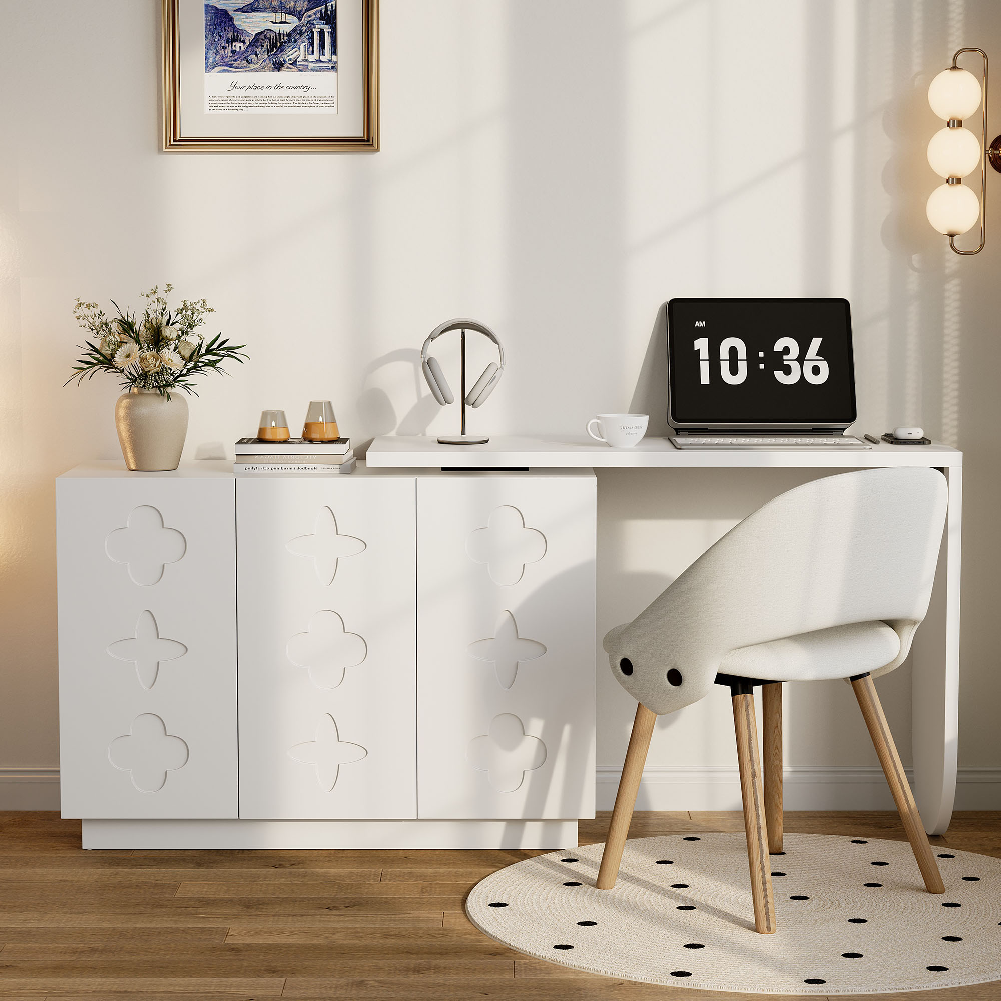Bureau d’angle rotatif multifonction avec 3 tiroirs et rangement intégré, BABERCA, MEUBLES COSY