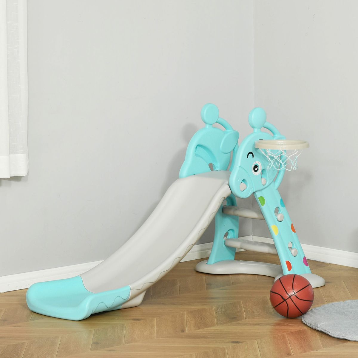 HOMCOM Toboggan et blançoire pour enfants de 18 mois à 5 ans avec panier de  basket 3 en 1 idéal pour jouer extérieur intérieur HDPE 145 x 190 x 97  cm
