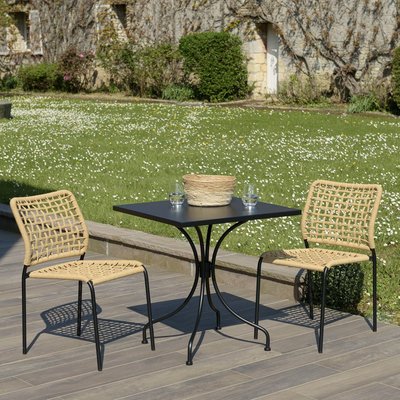 Salon de jardin table carrée métal noir 70x70 cm + 2 chaises tressées GIJON PIER IMPORT