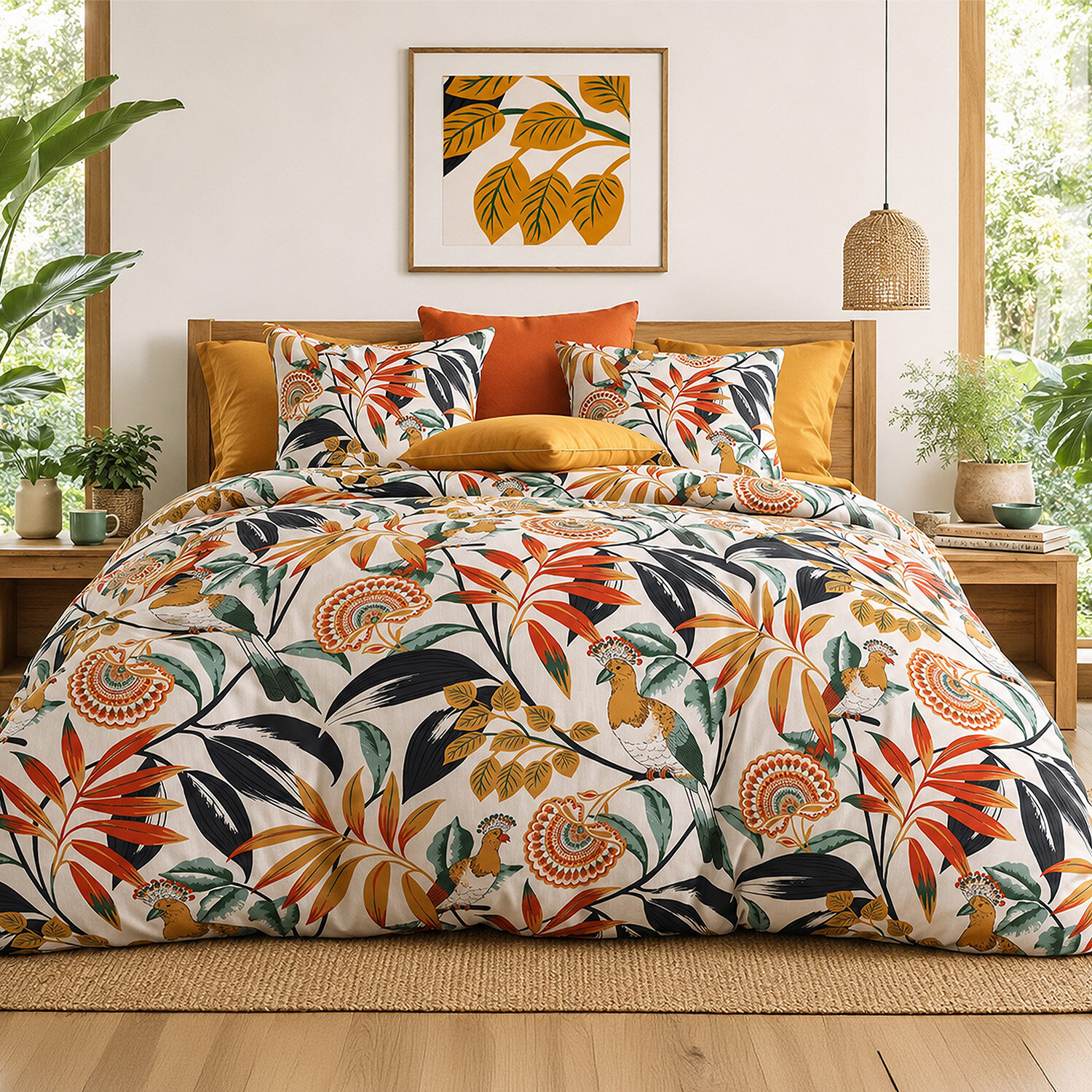 Parure de lit en percale de coton motif tropical feuillages, EDONIE, ATELIER DU COTON
