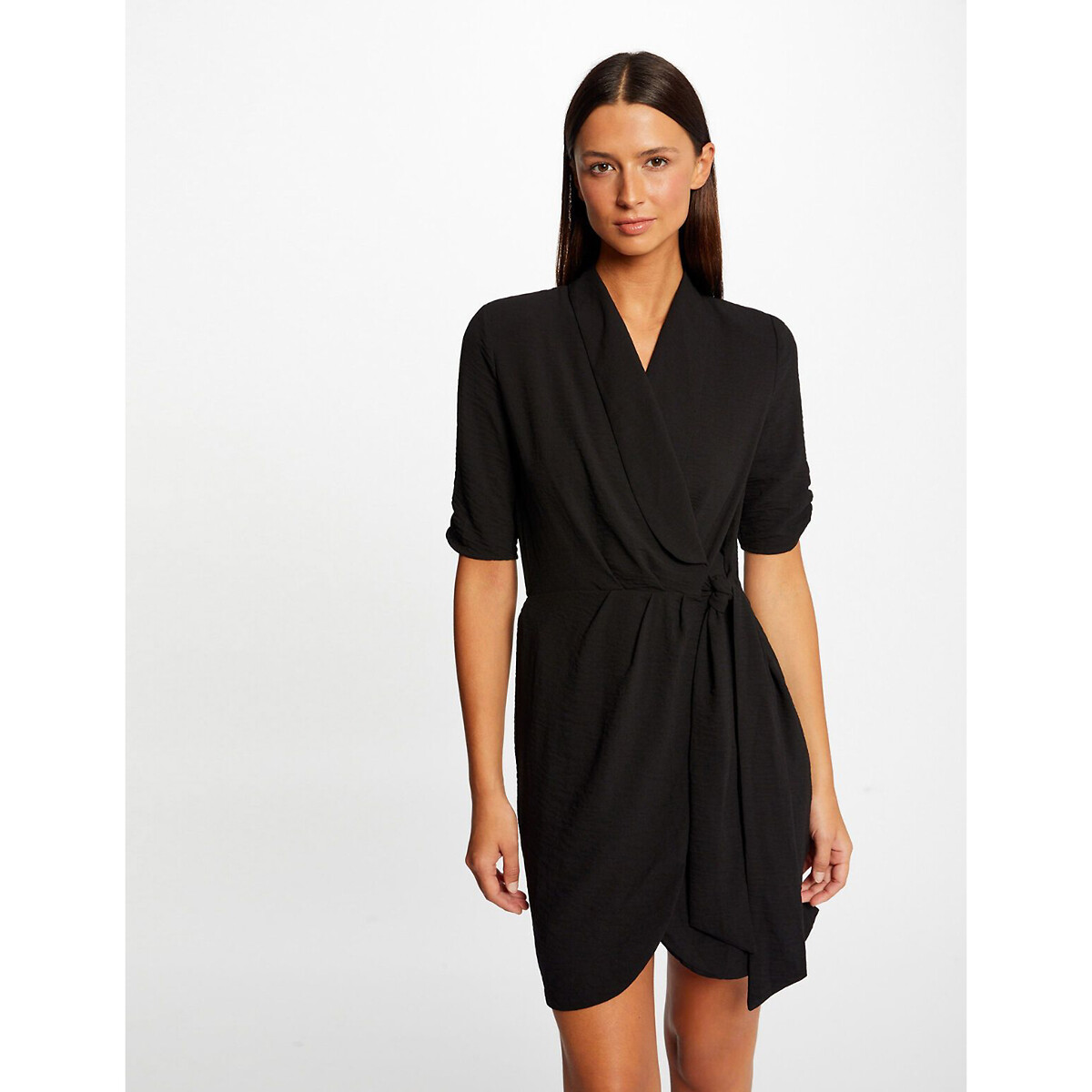 Wrapover Dress with 3/4 Length Ruched Sleeves