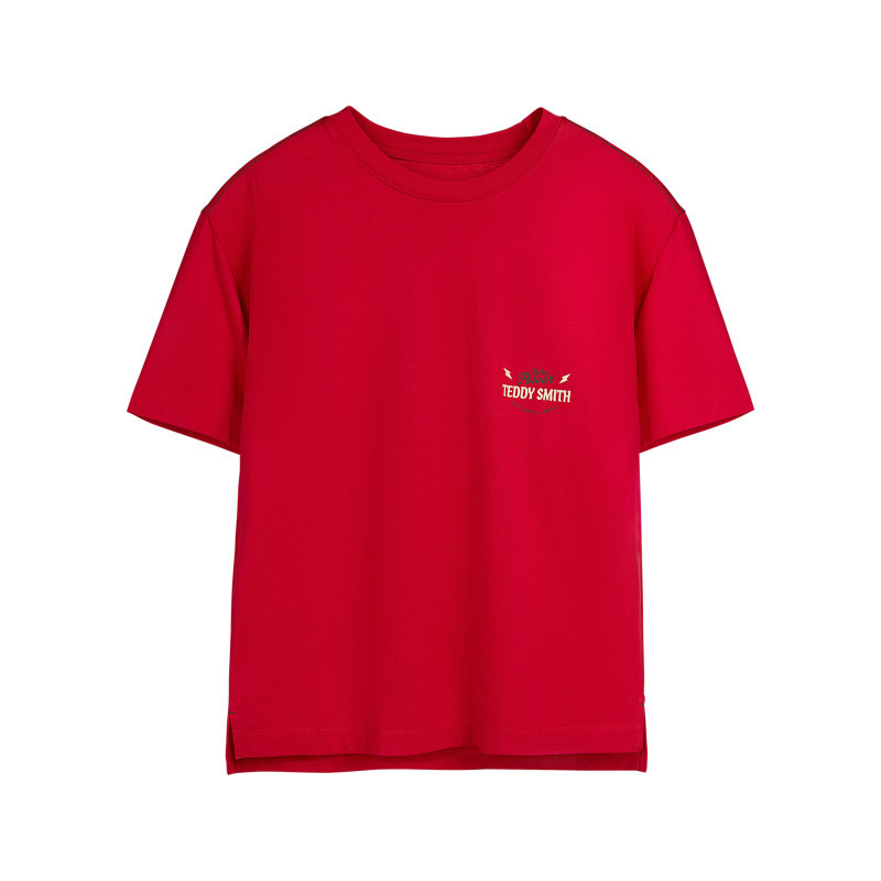 T-shirt en coton rouge imprimé à la poitrine et au dos avec un col rond, TEDDY SMITH
