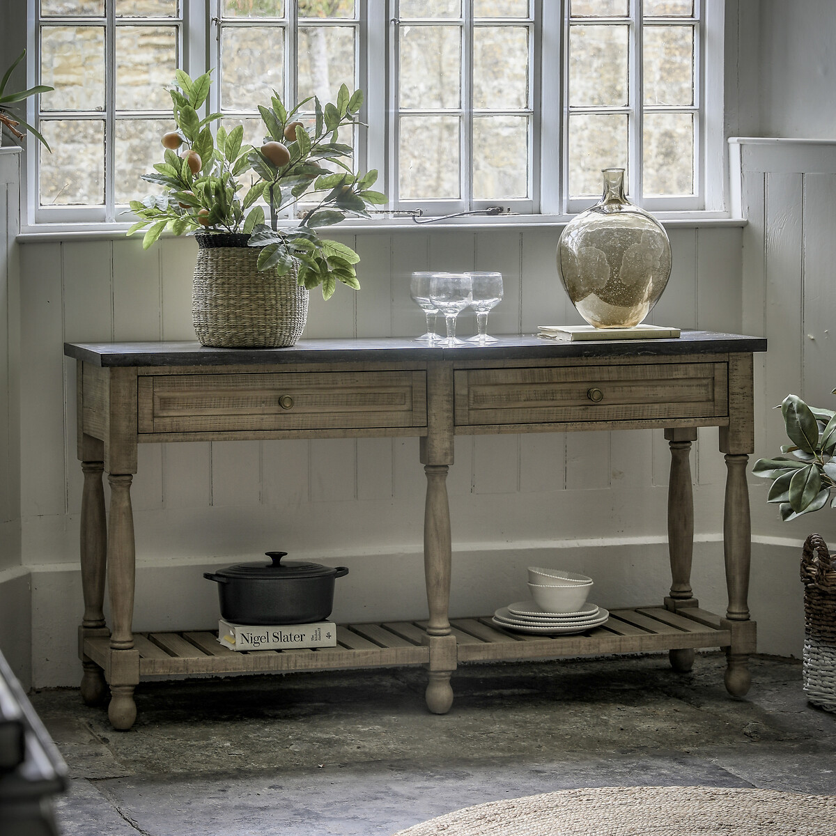 Vinton Marble and American Pine 2 Drawer Console Table, ÉDITÉ