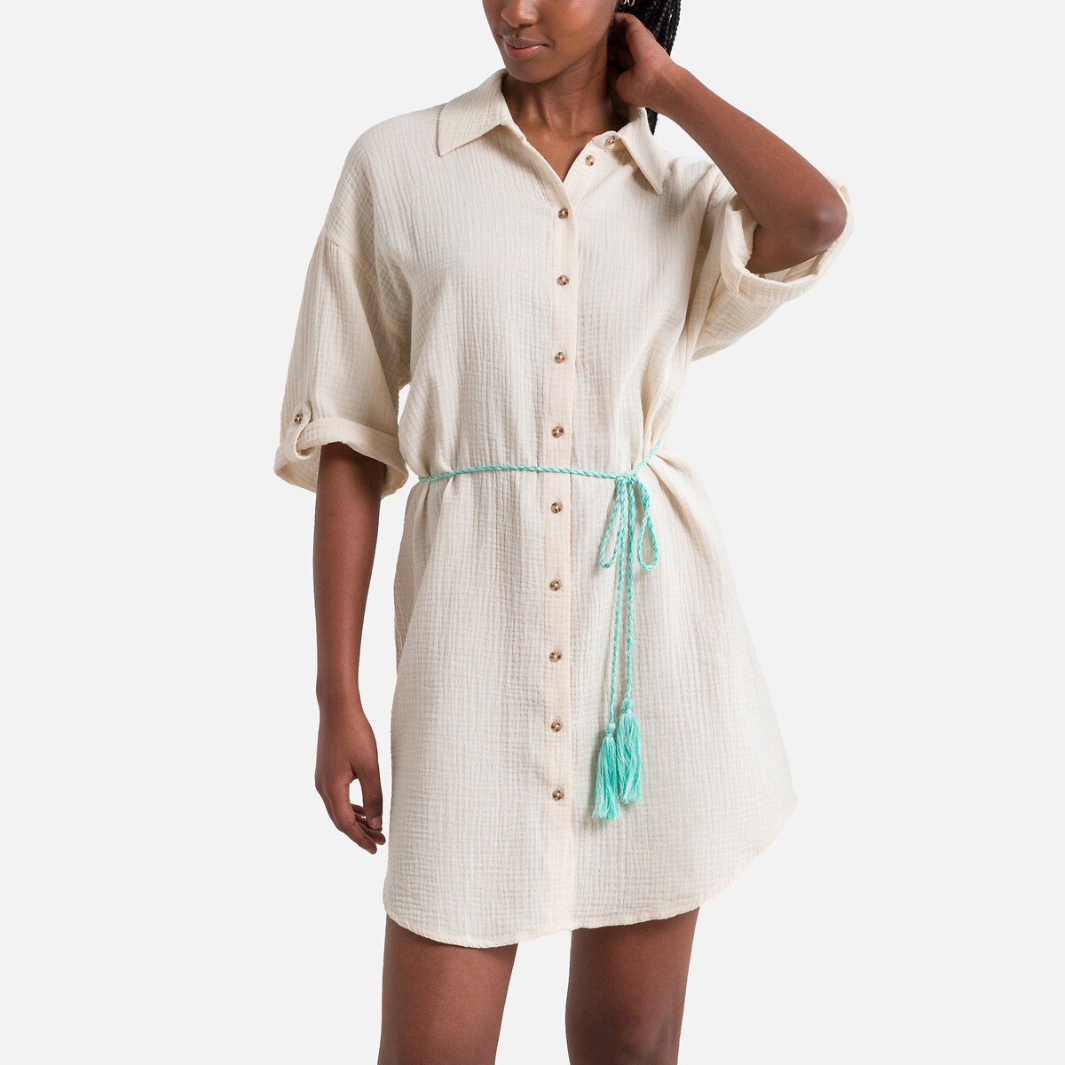 Image of Cotton Shirt Dress with Kimono Sleeves and Tie Belt