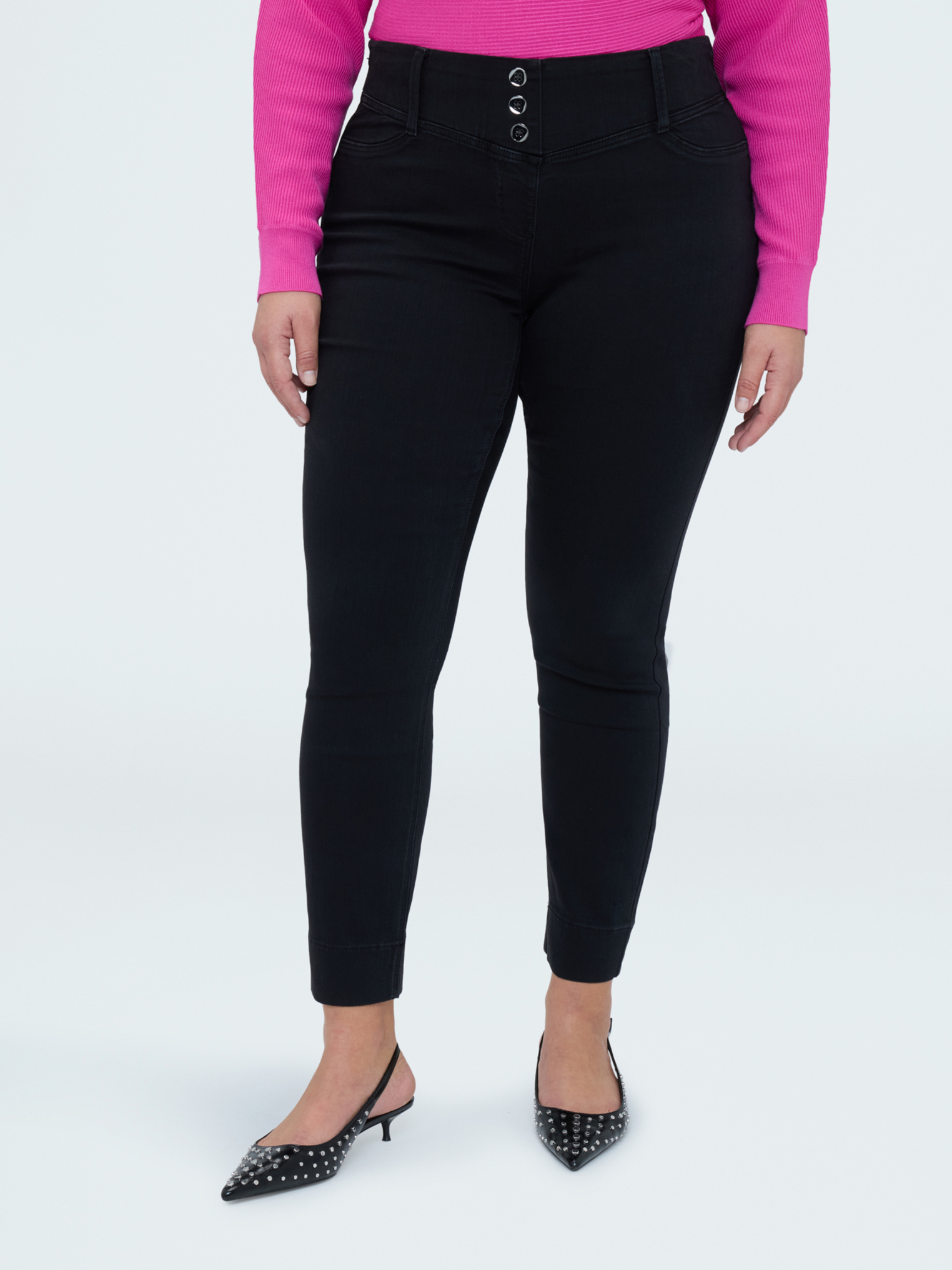 Jeggings en denim noir avec boutons décoratifs, FIORELLA RUBINO