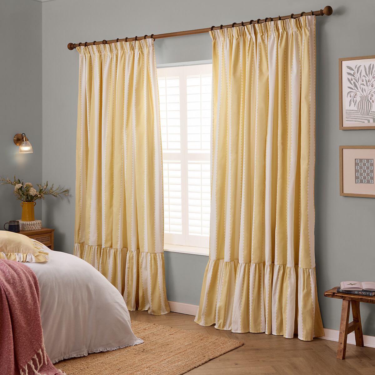 Birdie Stripe Ruffle Pencil Pleat Curtain Pair, WYLDER