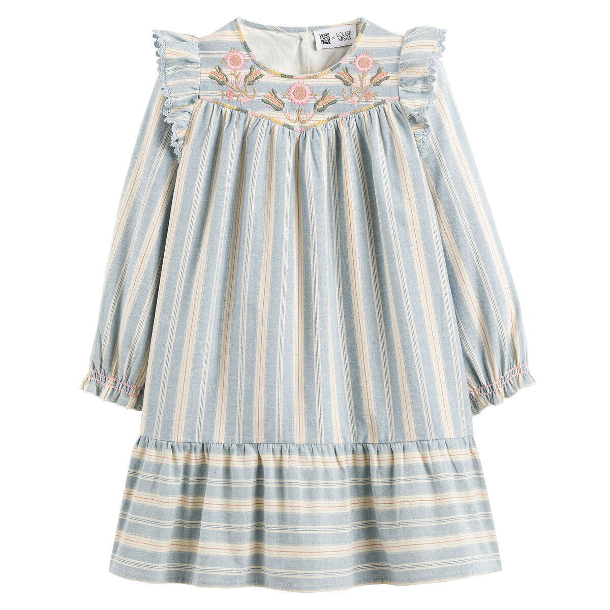 Striped Cotton Ruffled Dress with Long Sleeves