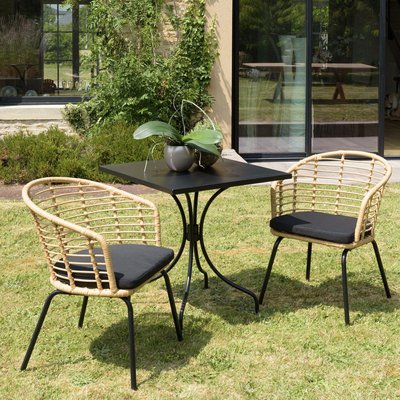 Salon de jardin 1 table carrée métal noir 70x70 cm - 2 fauteuils rotin synthétique ajouré couleur naturelle coussin noir GIJON PIER IMPORT