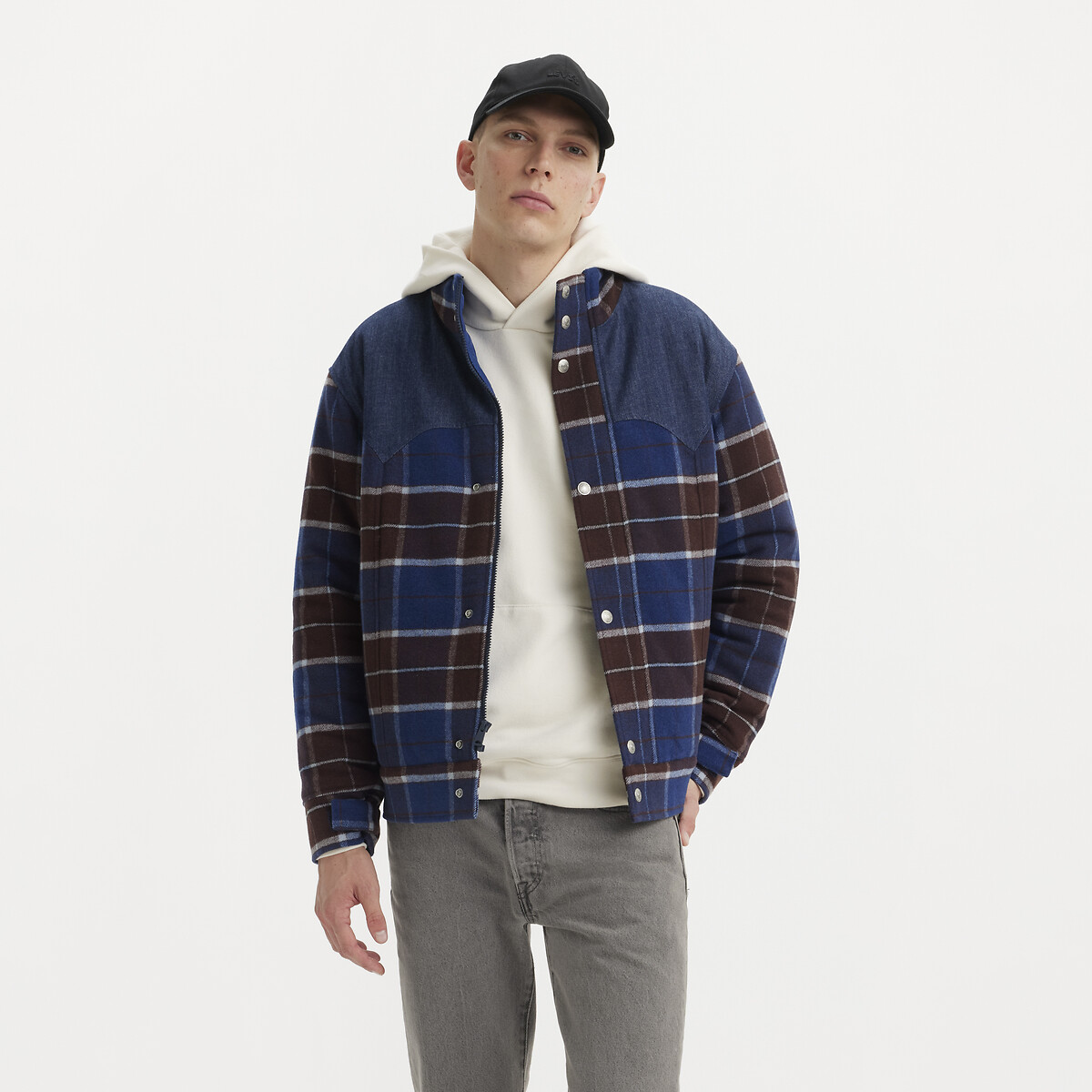 Image of Checked Lined Jacket in Dual Fabric