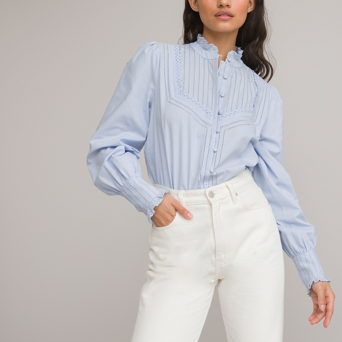 Cotton Ruffled Shirt with High Neck and Long Sleeves