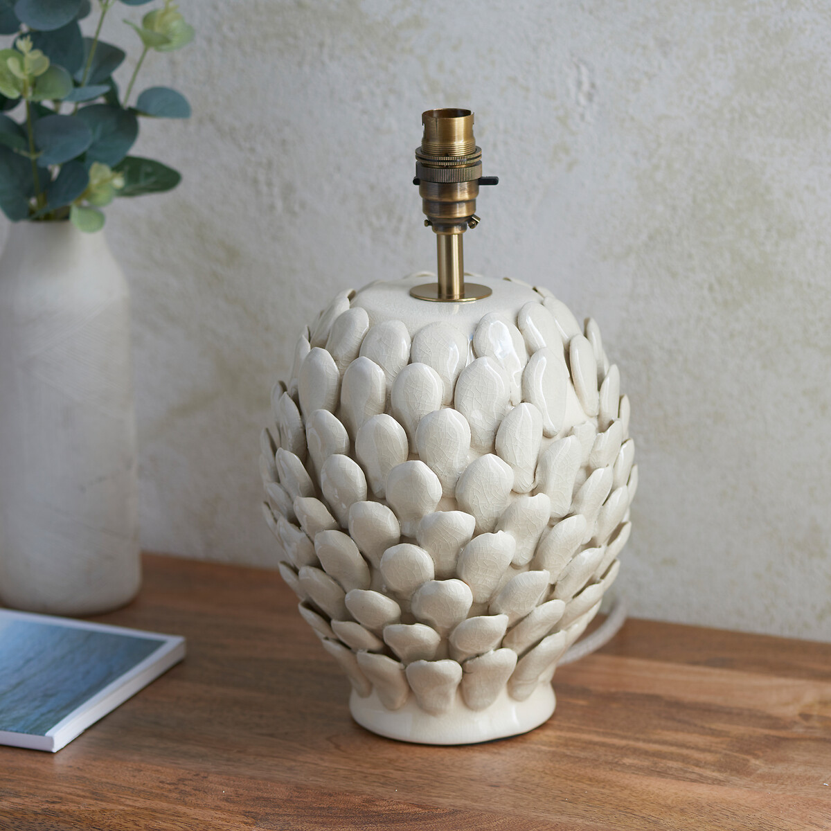 Small Leafy Table Lamp Base in Ivory Crackle Glaze, ÉDITÉ