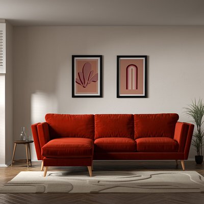 Frida Contemporary Velvet Corner Chaise Feather Sofa - Left facing with Light Wood Legs SO'HOME