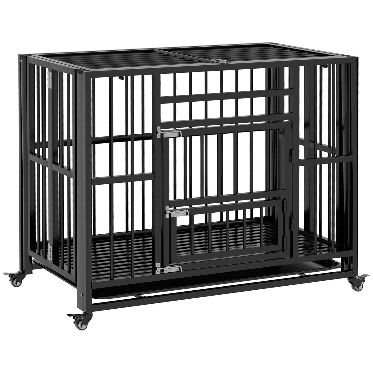 PawHut Cage pour chien pliable transport sur roulettes 2 portes  verrouillables plateau amovible interieur exterieur acier noir
