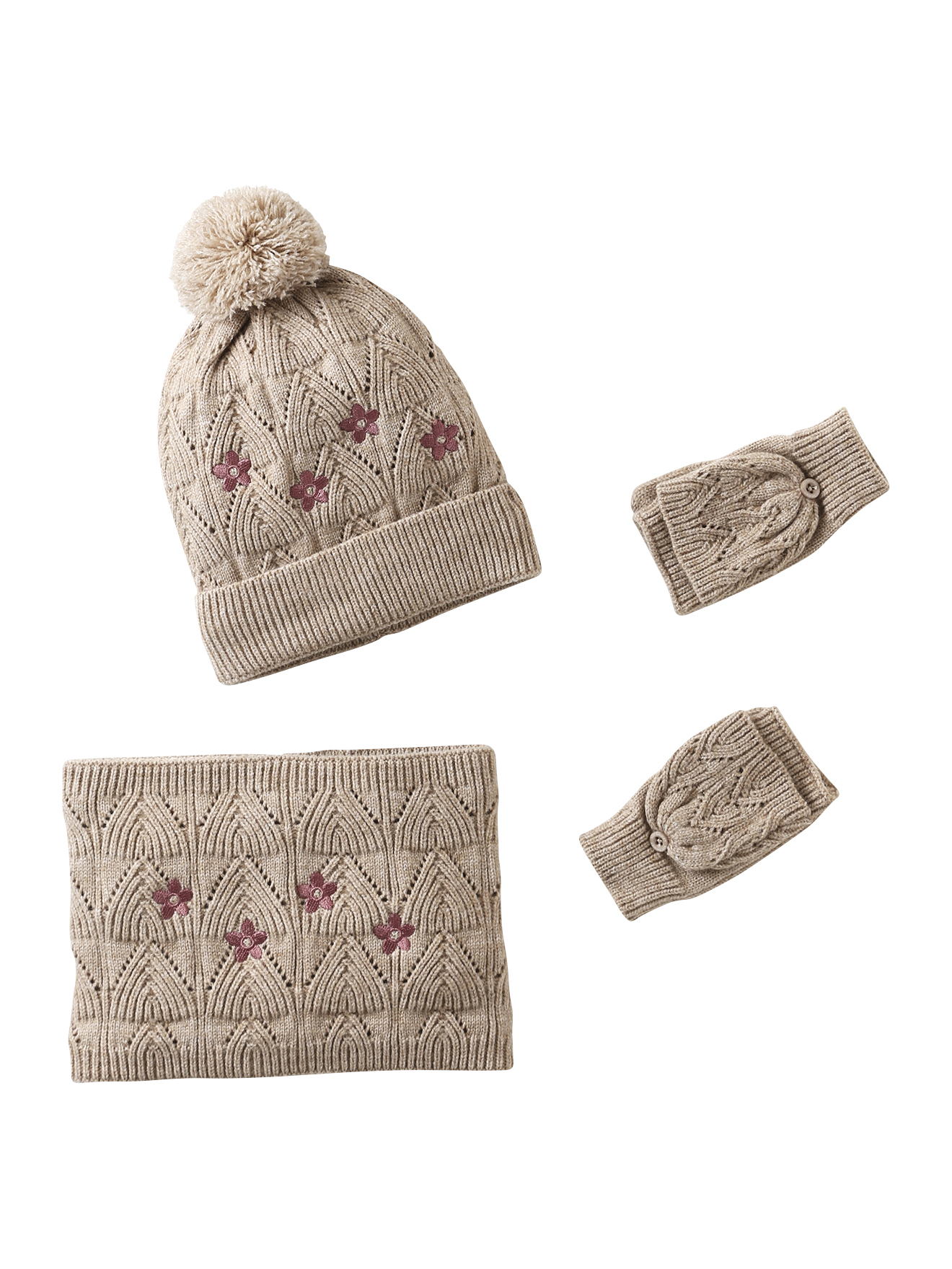 Ensemble brodé bonnet + snood + moufles/mitaines en maille ajourée, VERTBAUDET