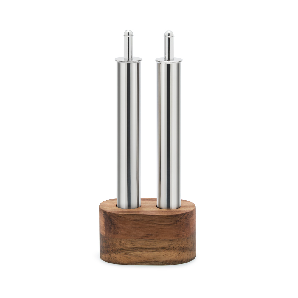 Set 2 pièces huile et vinaigre inox avec socle en bois, IPAC