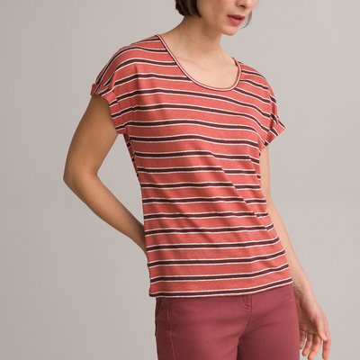 Striped Linen T-Shirt with Scoop Neck and Short Sleeves ANNE WEYBURN