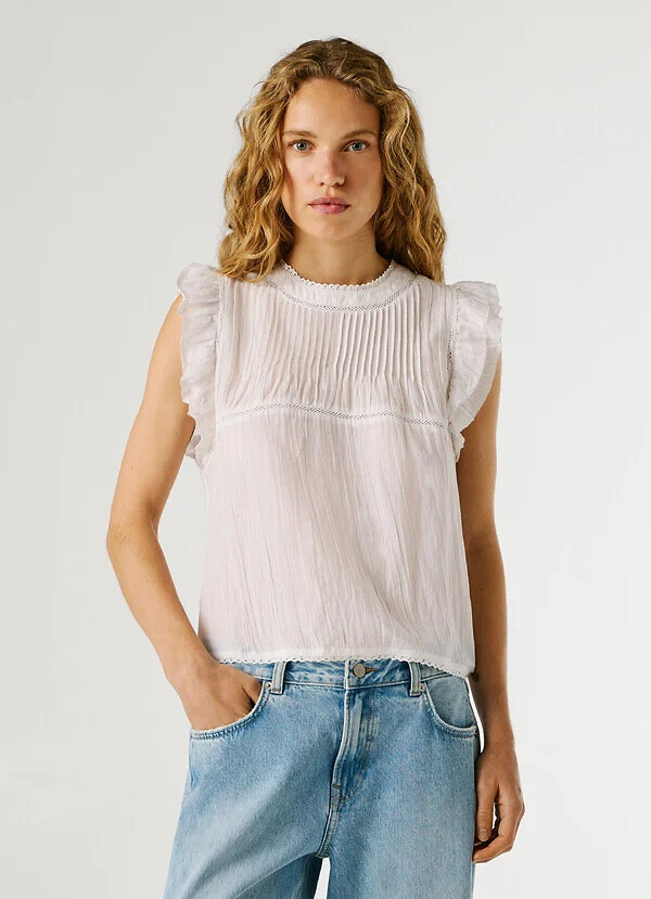Camicetta con scollo rotondo e maniche arricciate, PEPE JEANS