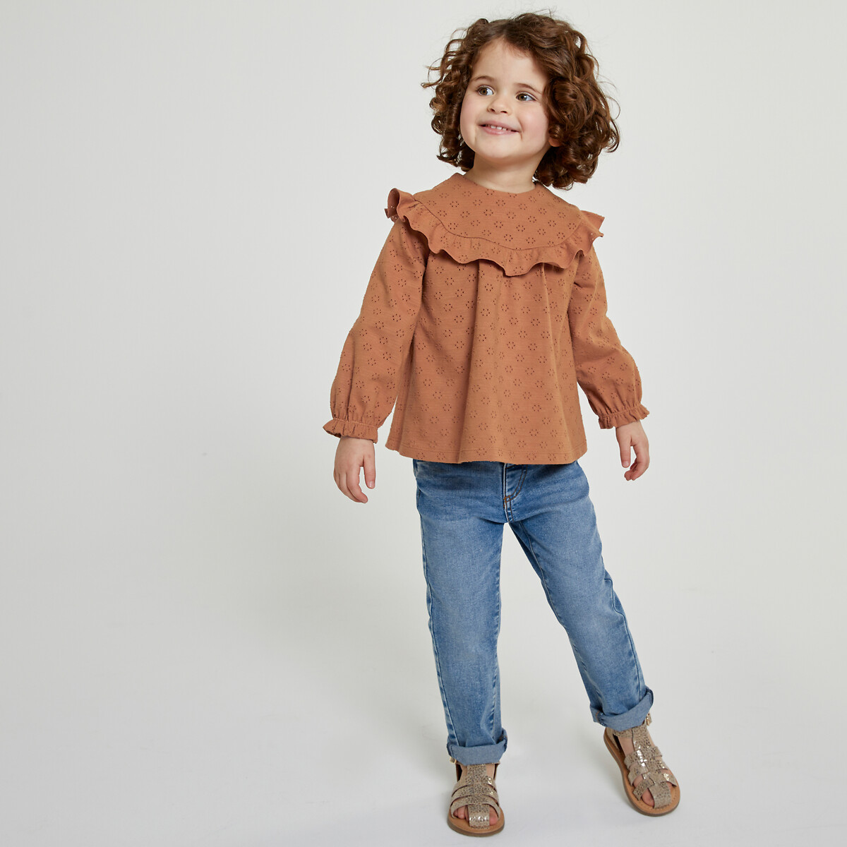 Pack of 2 T-Shirts with Ruffle and Long Sleeves in Cotton