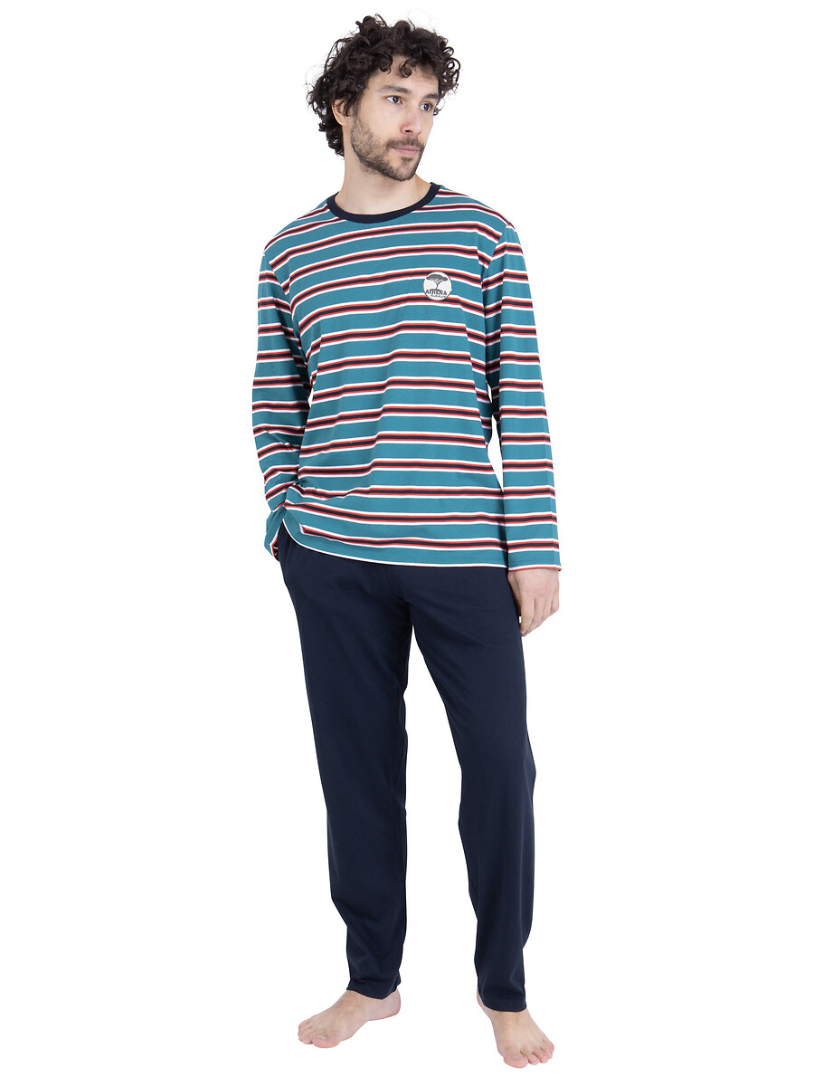 Pyjama long, en coton, T-shirt à rayures, ATHENA