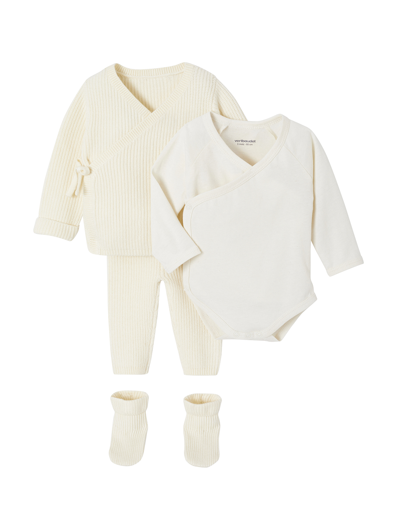 Ensemble bébé 4 pièces en tricot gilet + pantalon + chaussons + body coffret cadeau naissance, VERTBAUDET
