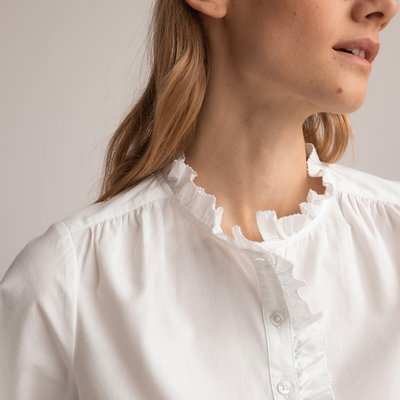 Cotton Victorian Collar Blouse with Ruffles and Long Sleeves LA REDOUTE COLLECTIONS