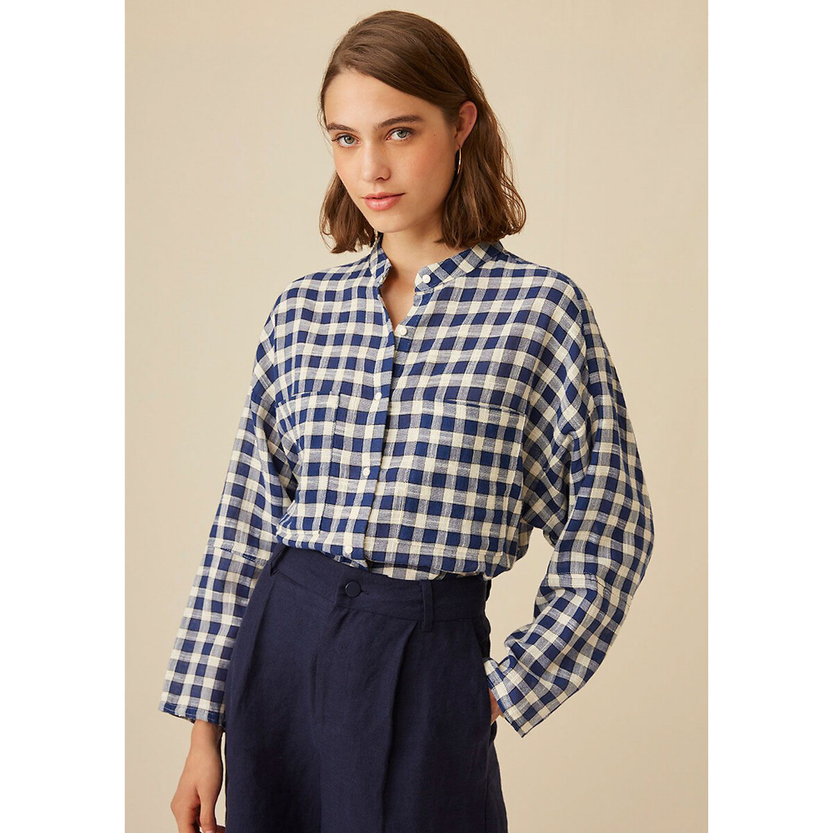 Gingham check cotton blouse with crew neck and long sleeves, navy ...