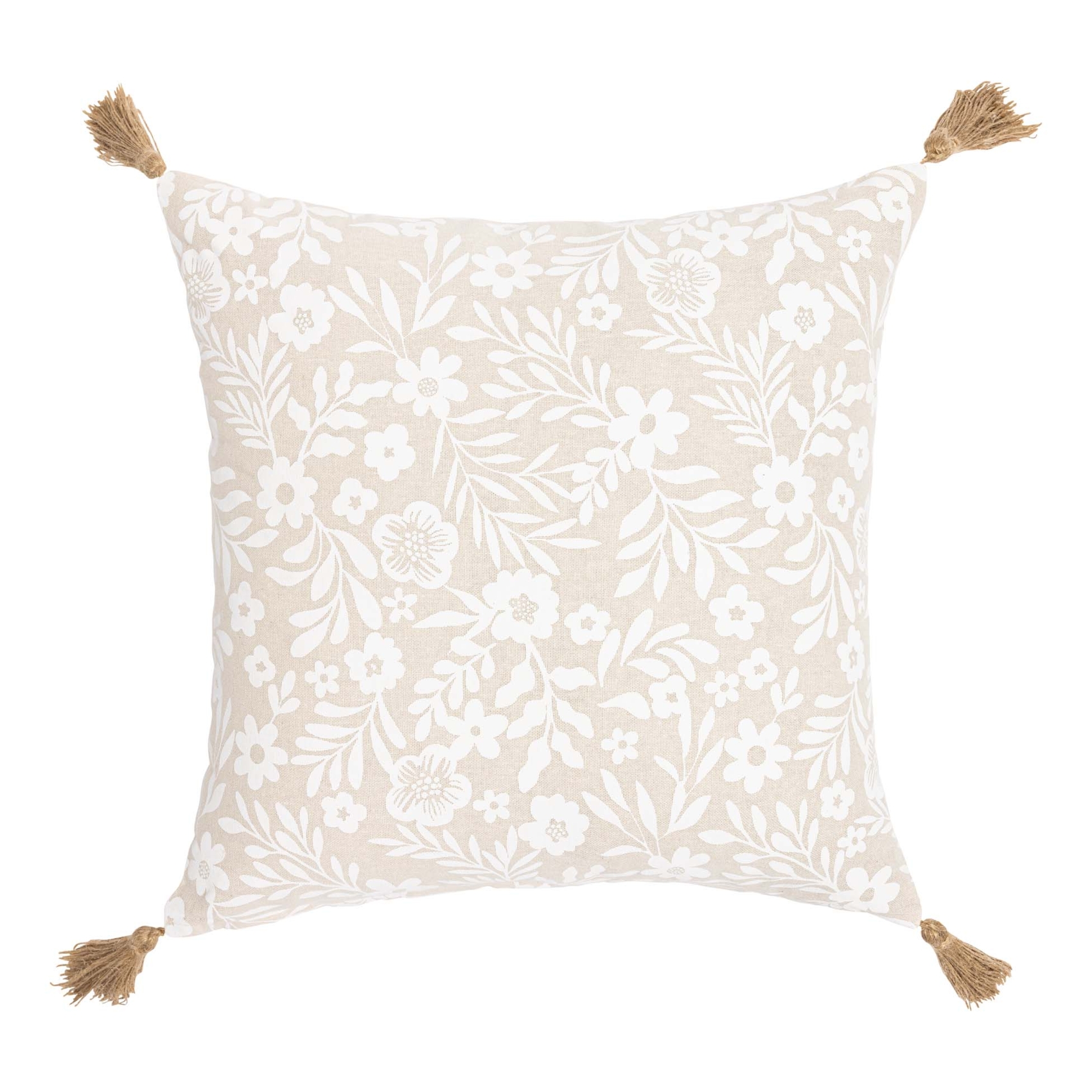 Coussin polycoton imprimé floral à pompons, DOUCEUR D'INTÉRIEUR