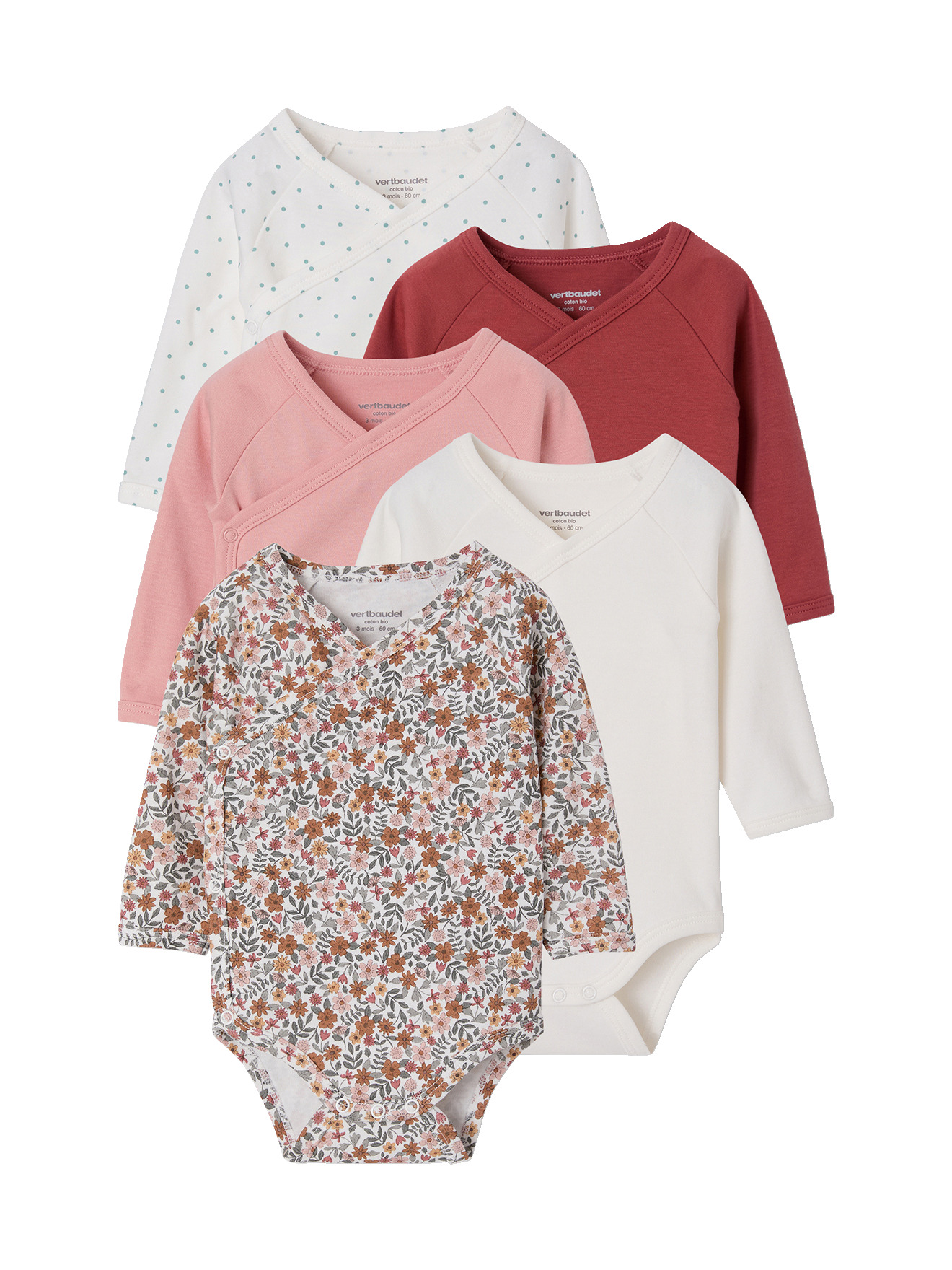 Lot de 5 bodies manches longues, VERTBAUDET