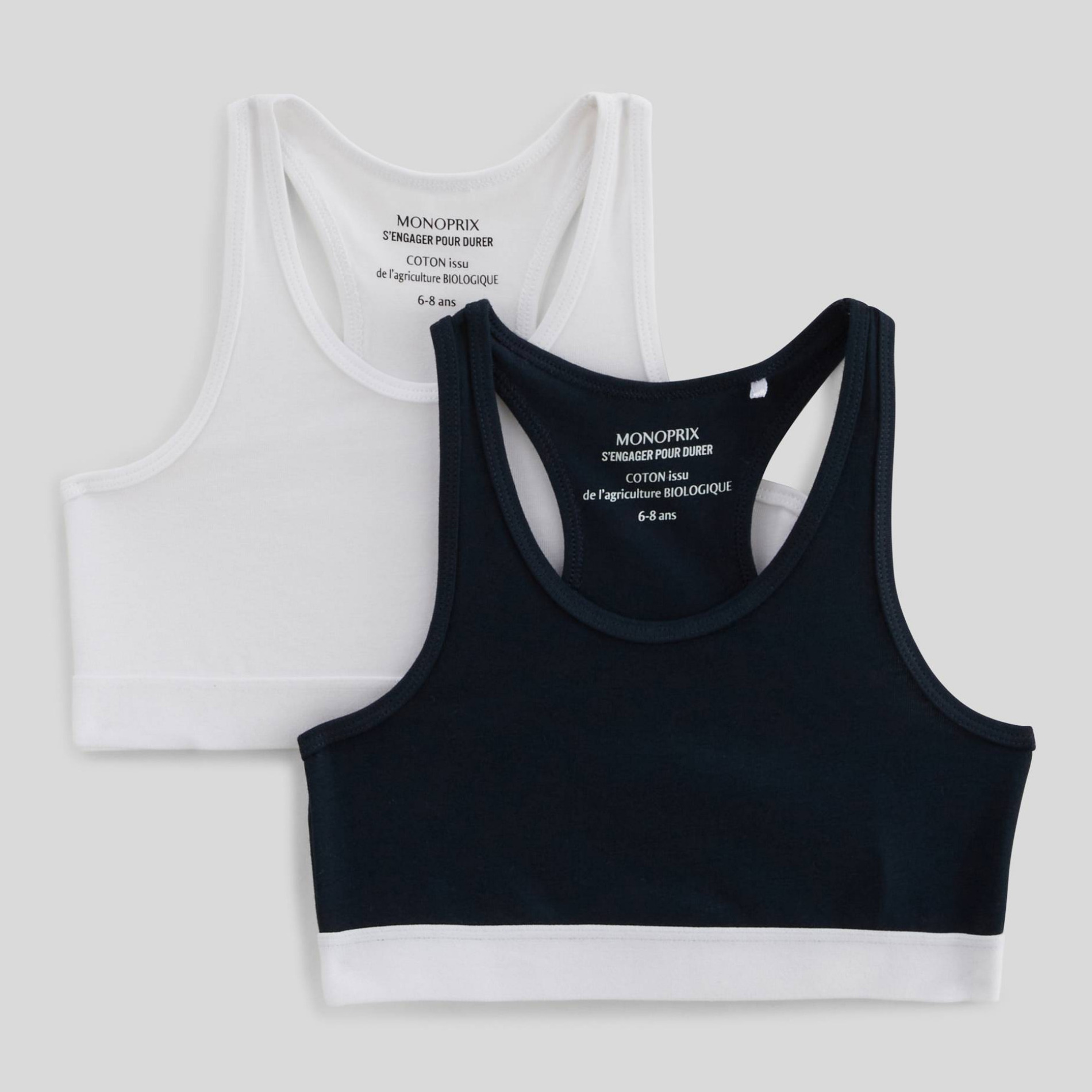 Lot de 2 brassières unies de sport en coton BIO GOTS, MONOPRIX