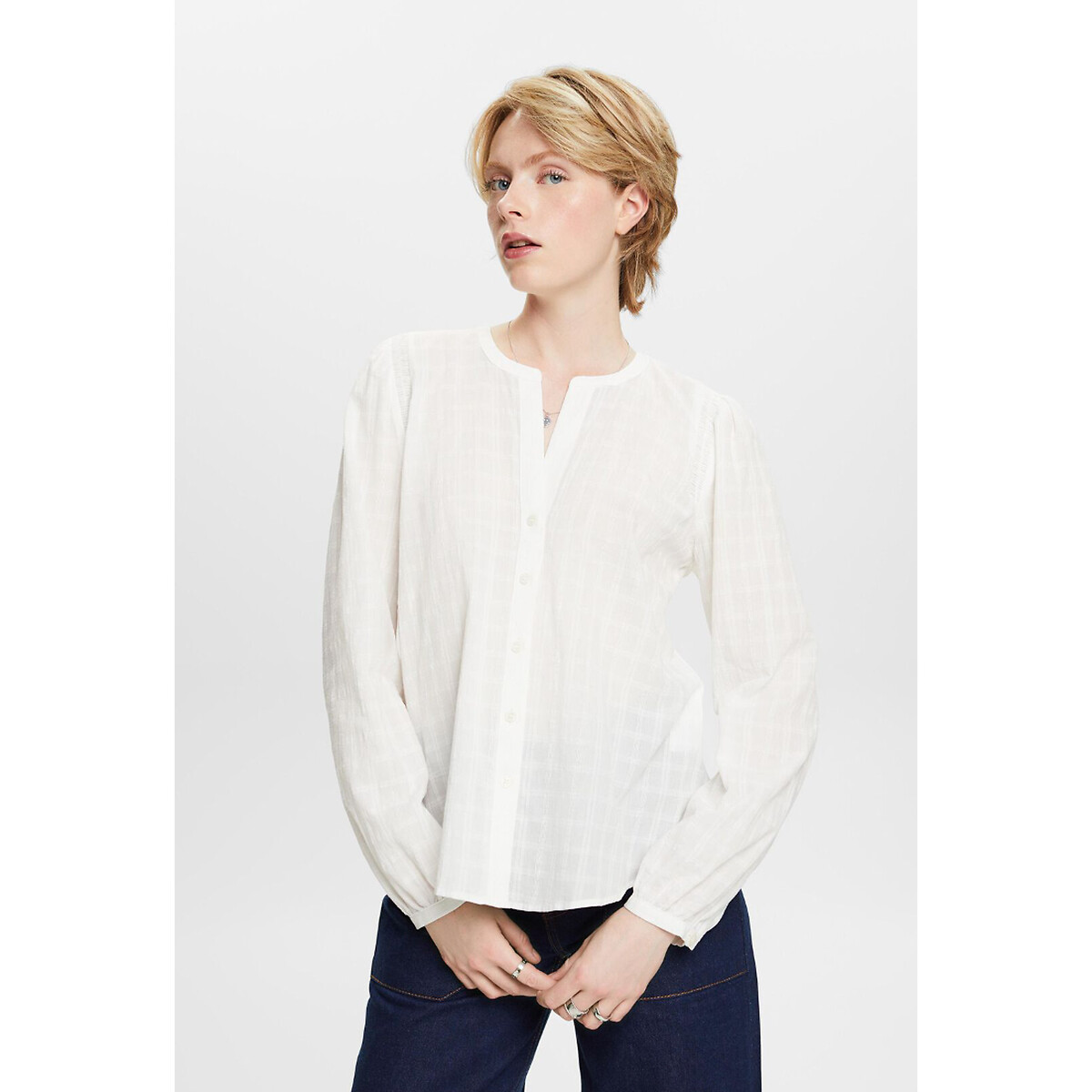 Cotton Grandad Collar Blouse with Long Sleeves