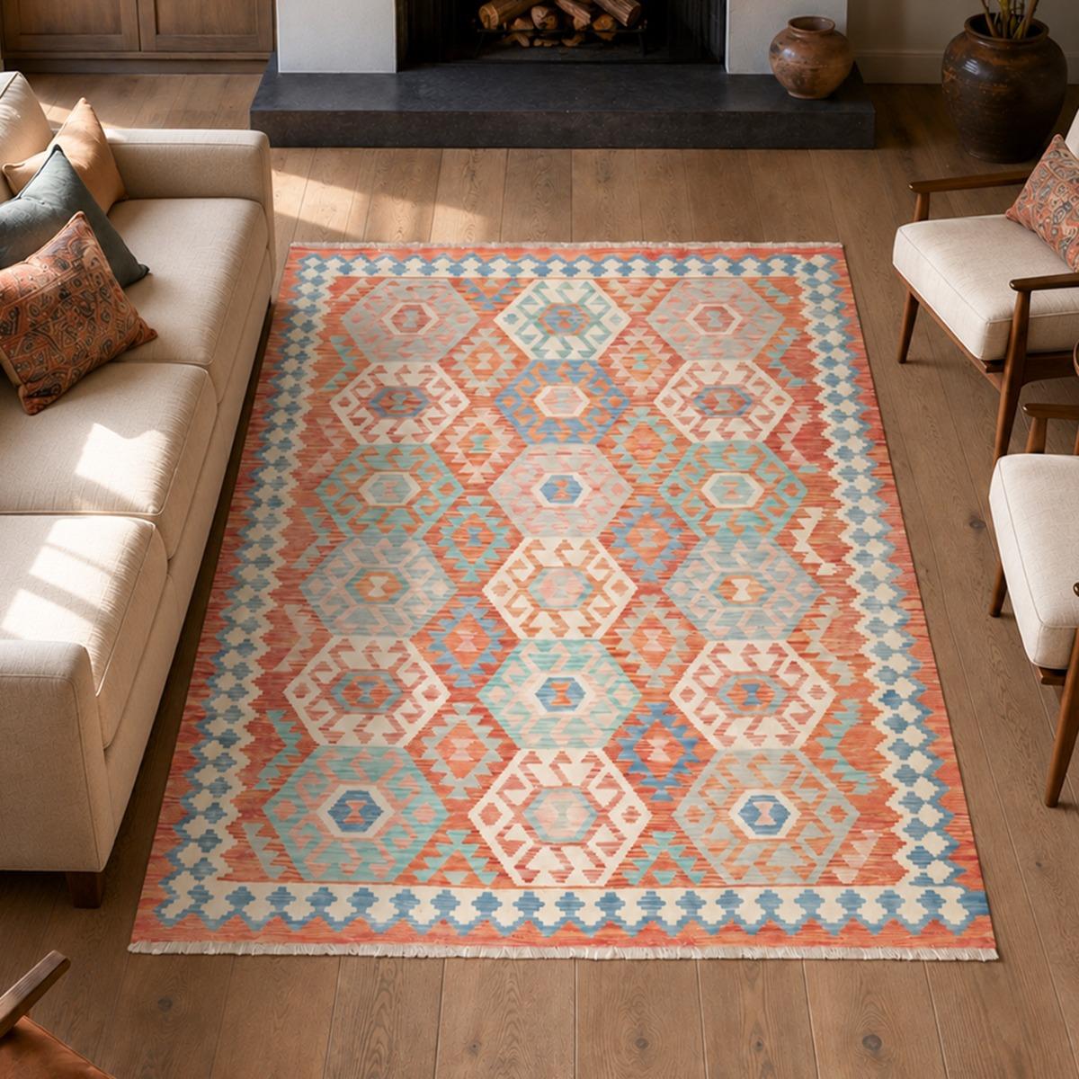 Tapis kilim géométrique, tissé plat artisanal, KILIM 102, UN AMOUR DE TAPIS