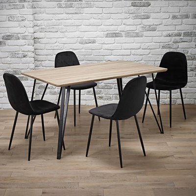 Oak Effect Dining Table with 4 Black Velvet Chairs (Seats 4) SO'HOME