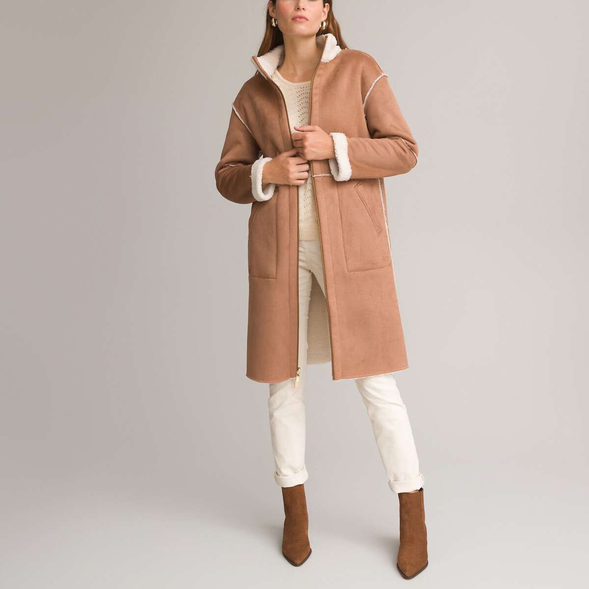 Image of Reversible Mid-Length Coat with Zip Fastening