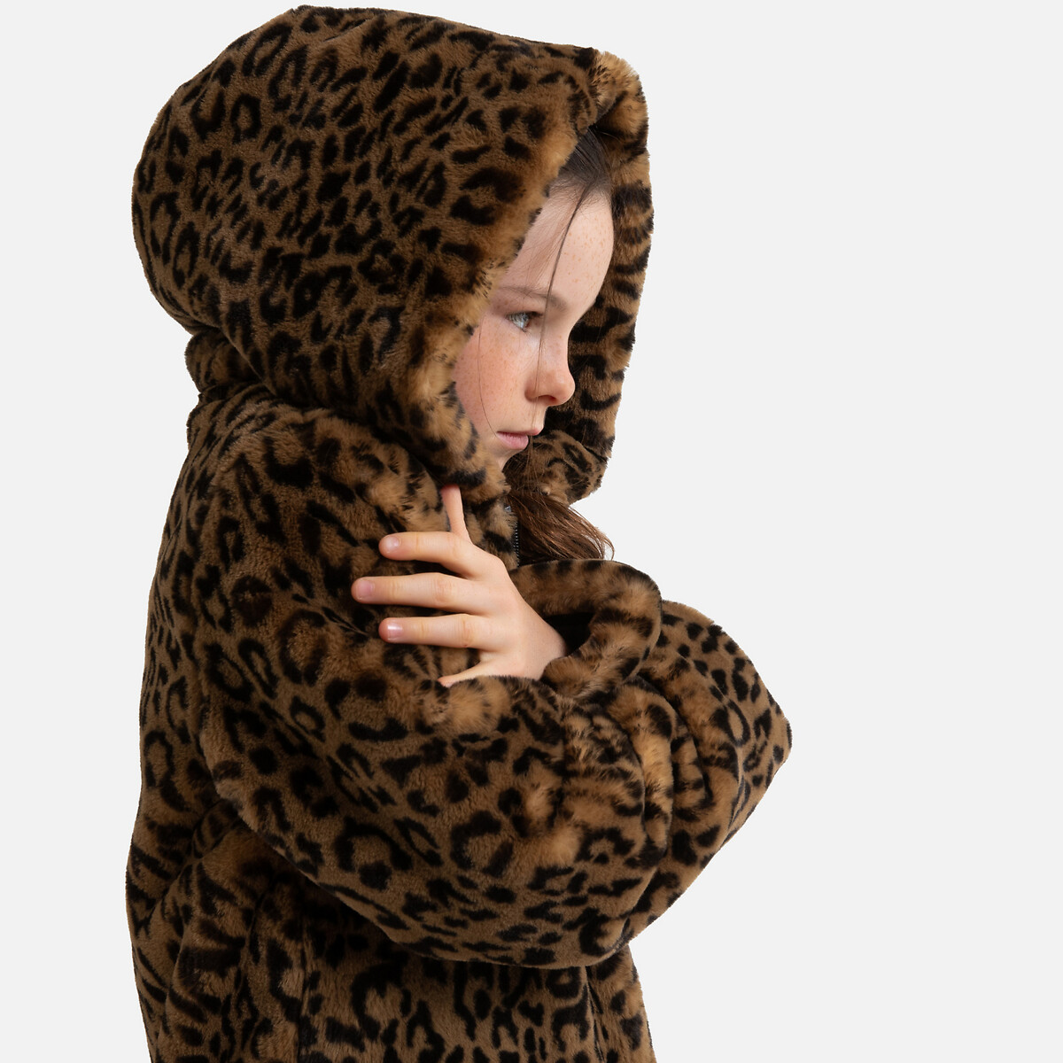 Leopard Print Hooded Coat In Faux Fur, Cheetah Faux Fur Coat With Hoodie