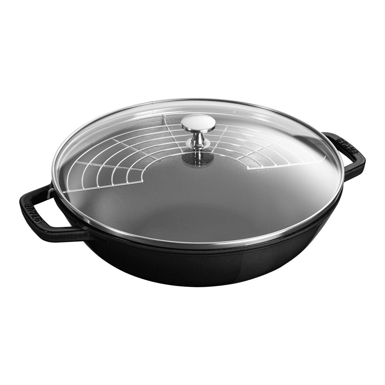Wok en Fonte, Rond, Ø 37 cm, Couvercle en Verre, Noir Mat, STAUB