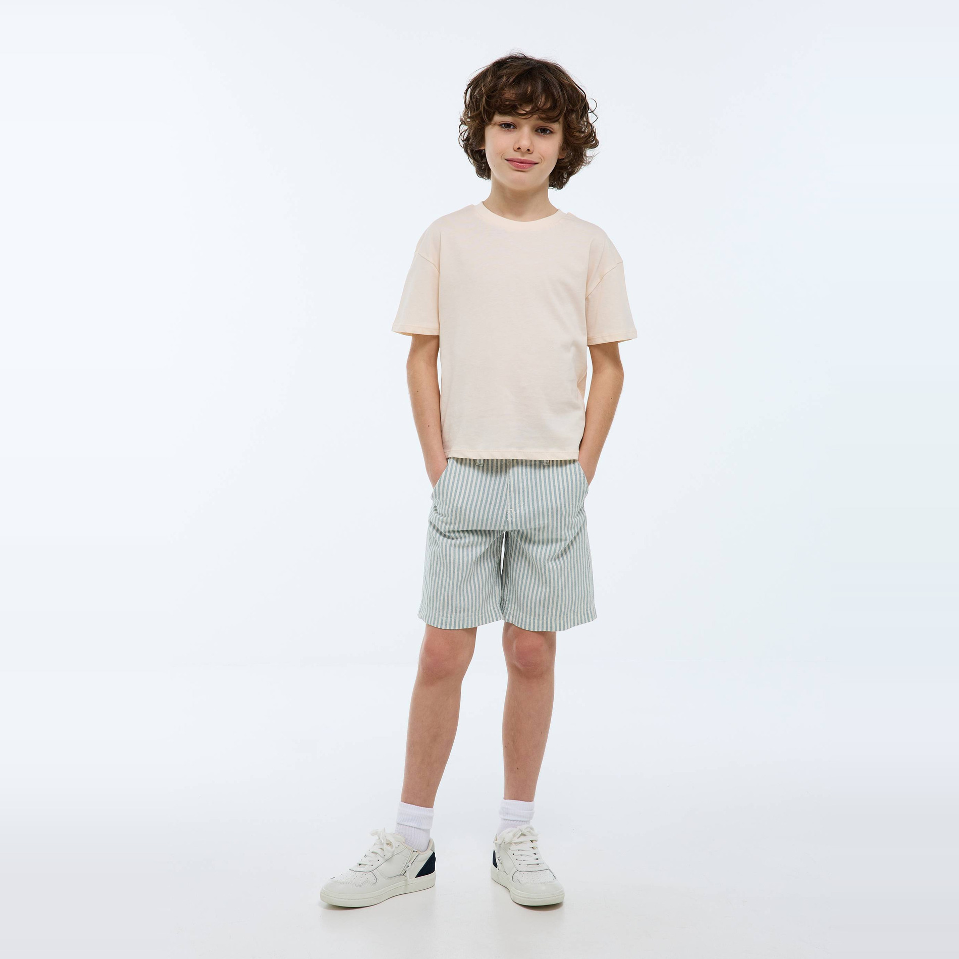 Bermuda droit rayé en coton et lin, MONOPRIX